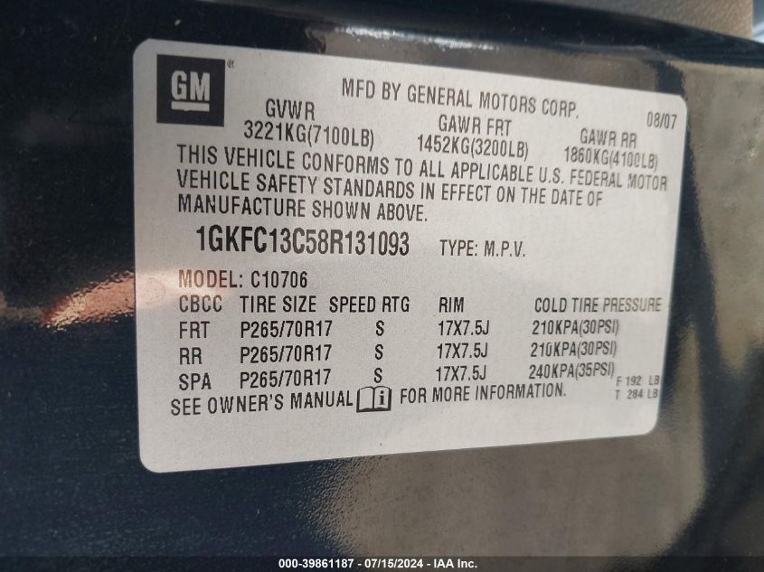 2008 GMC Yukon Sle VIN: 1GKFC13C58R131093 Lot: 39861187