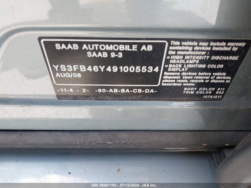 YS3FB46Y491005534 2009 Saab 9-3 2.0T