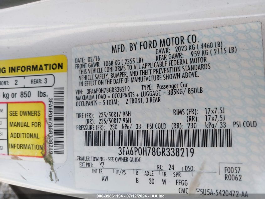 2016 Ford Fusion Se VIN: 3FA6P0H78GR338219 Lot: 39861194