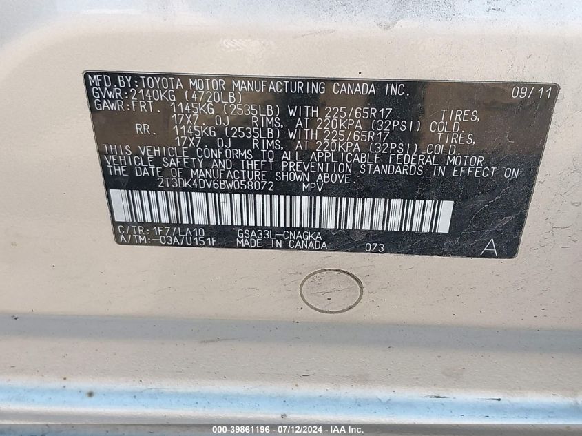 2011 Toyota Rav4 Limited V6 VIN: 2T3DK4DV6BW058072 Lot: 39861196