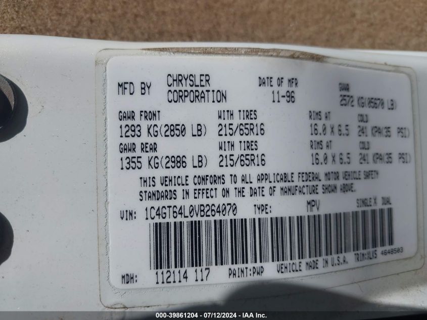 1997 Chrysler Town & Country Lxi VIN: 1C4GT64L0VB264070 Lot: 39861204
