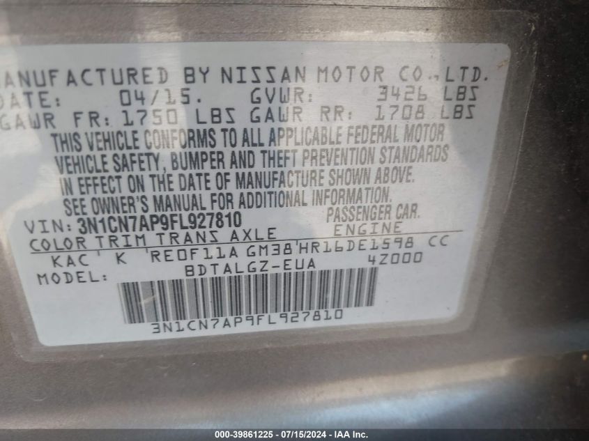 2015 Nissan Versa 1.6 Sl VIN: 3N1CN7AP9FL927810 Lot: 39861225