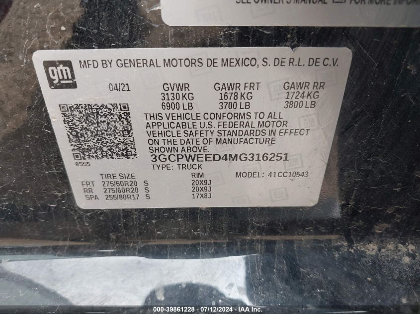 2021 Chevrolet Silverado 1500 VIN: 3GCPWEED4MG316251 Lot: 39861228