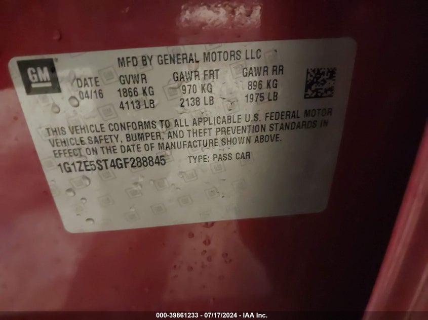 2016 CHEVROLET MALIBU VIN: 1G1ZE5ST4GF288845