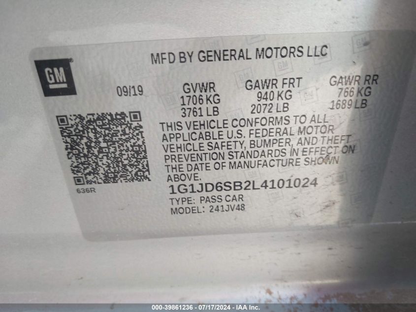 1G1JD6SB2L4101024 2020 Chevrolet Sonic Fwd Lt 5-Door