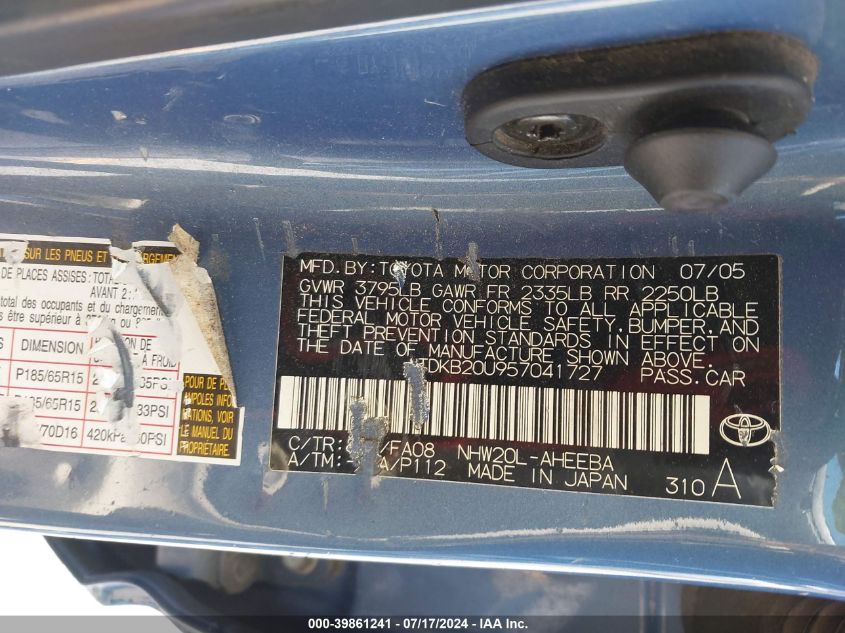 2005 Toyota Prius VIN: JTDKB20U957041727 Lot: 39861241