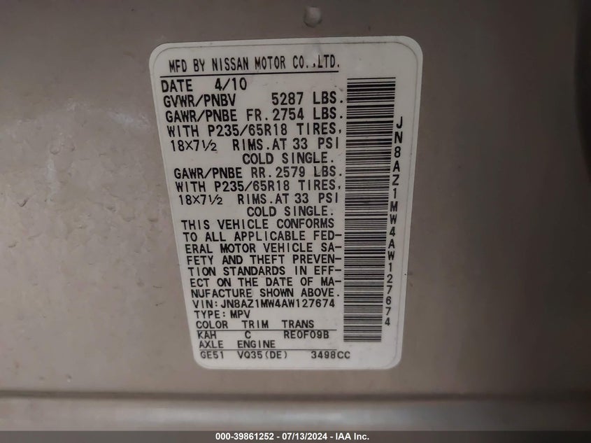 2010 Nissan Murano S/Sl/Le VIN: JN8AZ1MW4AW127674 Lot: 39861252