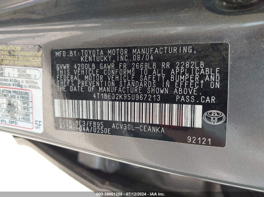 2005 Toyota Camry Le VIN: 4T1BE32K95U967213 Lot: 39861258