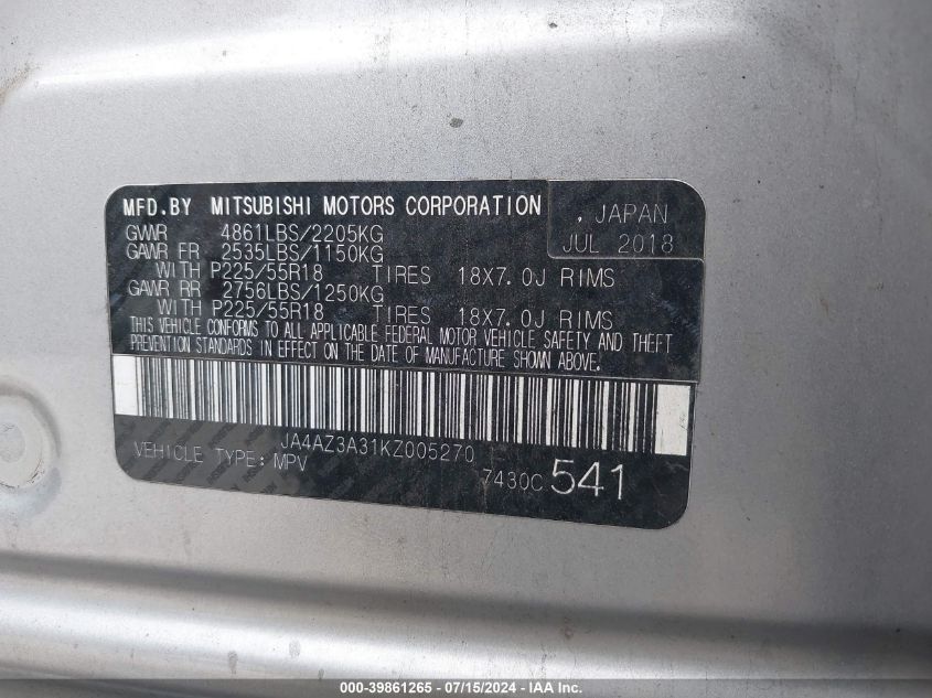 2019 Mitsubishi Outlander Se VIN: JA4AZ3A31KZ005270 Lot: 39861265