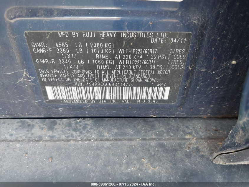 2011 Subaru Outback 2.5I Premium VIN: 4S4BRCGC6B3414770 Lot: 39861268