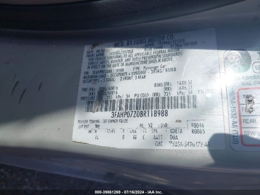 2008 Ford Fusion Se VIN: 3FAHP07Z08R118988 Lot: 39861269