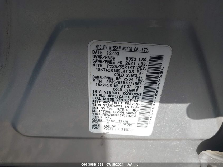 2004 Nissan Murano Sl VIN: JN8AZ08W14W313410 Lot: 39861286