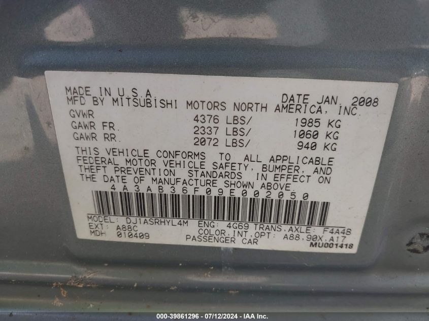 4A3AB36F09E002050 2009 Mitsubishi Galant Es/Sport Edition