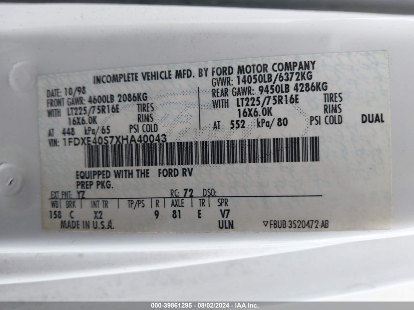 1999 Ford Econoline E450 Super Duty Cutwy Rv VIN: 1FDXE40S7XHA40043 Lot: 39861295