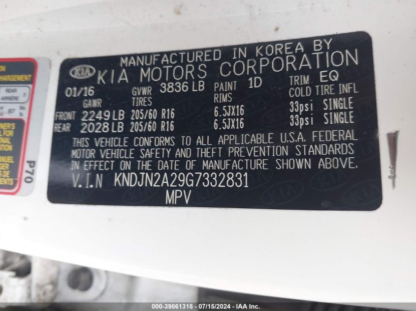 2016 Kia Soul VIN: KNDJN2A29G7332831 Lot: 39861318