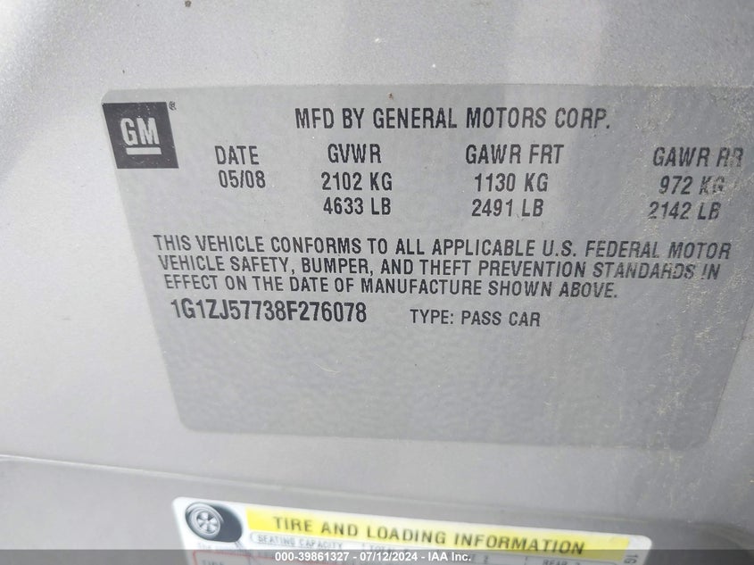 2008 Chevrolet Malibu Lt VIN: 1G1ZJ57738F276078 Lot: 39861327