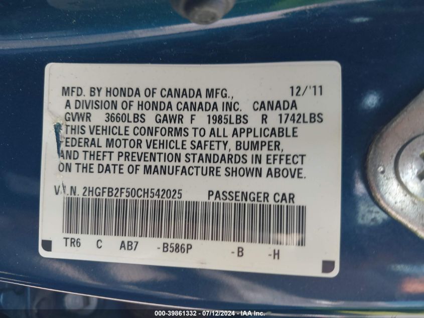 2012 Honda Civic Lx VIN: 2HGFB2F50CH542025 Lot: 39861332