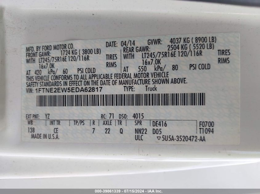 2014 Ford E-250 Commercial VIN: 1FTNE2EW5EDA62817 Lot: 39861339