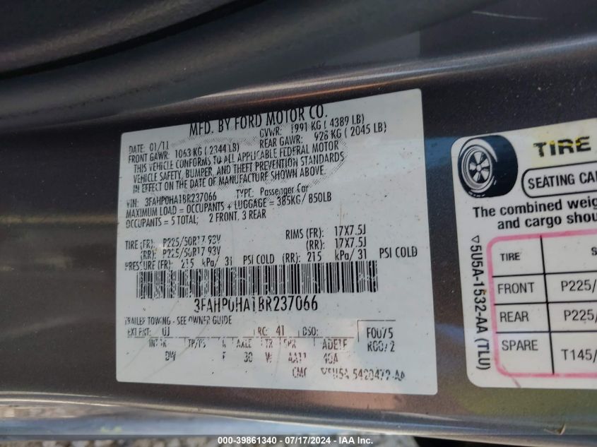 2011 Ford Fusion Se VIN: 3FAHP0HA1BR237066 Lot: 39861340