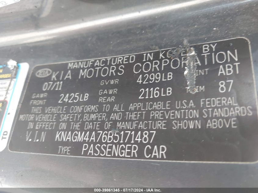 2011 Kia Optima Lx VIN: KNAGM4A76B5171487 Lot: 39861345