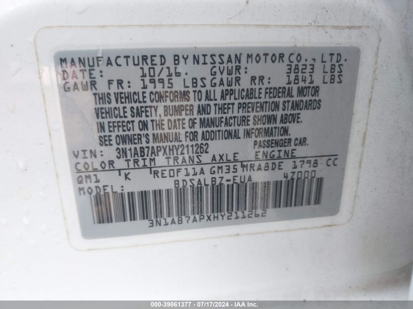 2017 Nissan Sentra S VIN: 3N1AB7APXHY211262 Lot: 39861377