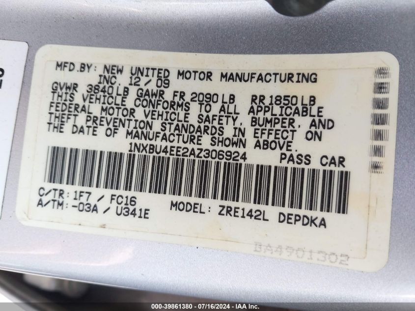 2010 Toyota Corolla Le VIN: 1NXBU4EE2AZ306924 Lot: 39861380