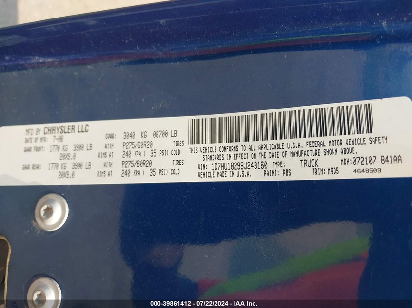 2008 Dodge Ram 1500 Slt VIN: 1D7HU18298J234160 Lot: 39861412