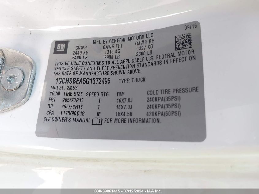 2016 Chevrolet Colorado VIN: 1GCHSBEA5G1372495 Lot: 39861415