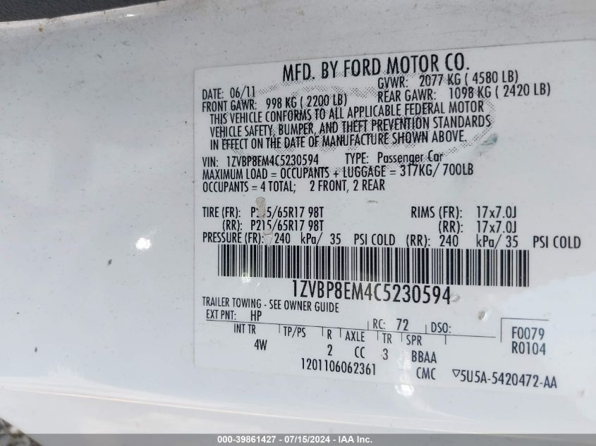 2012 Ford Mustang V6 Premium VIN: 1ZVBP8EM4C5230594 Lot: 39861427