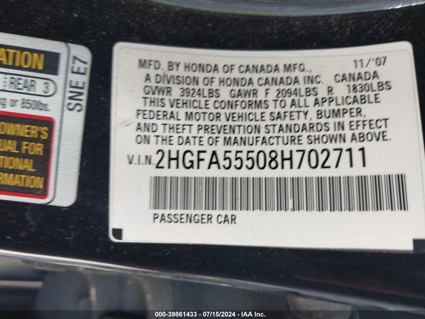 2008 Honda Civic Si/Si Mugen VIN: 2HGFA55508H702711 Lot: 39861433