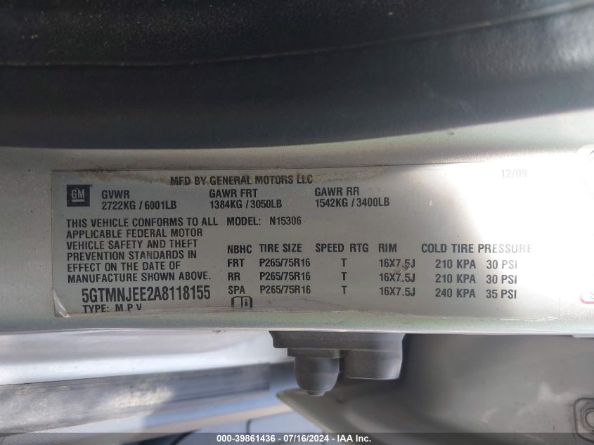 2010 Hummer H3 Suv Luxury VIN: 5GTMNJEE2A8118155 Lot: 39861436