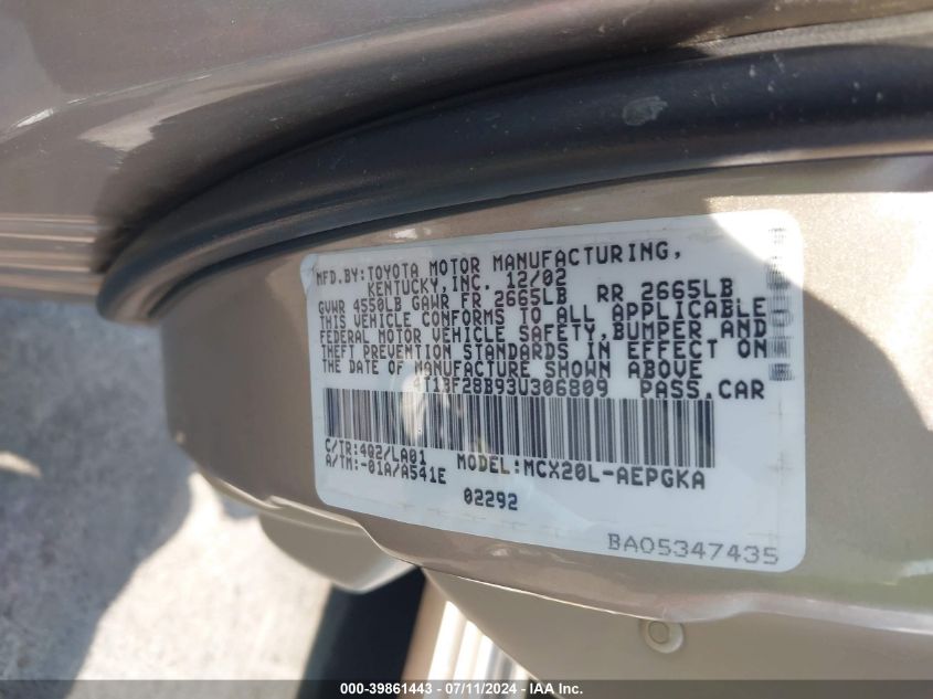 4T1BF28B93U306809 2003 Toyota Avalon Xls