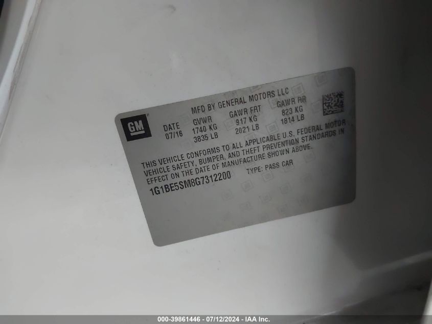 2016 Chevrolet Cruze Lt Auto VIN: 1G1BE5SM8G7312200 Lot: 39861446