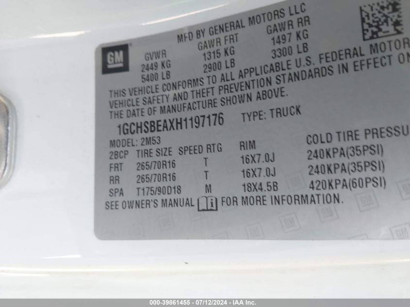 2017 Chevrolet Colorado VIN: 1GCHSBEAXH1197176 Lot: 39861455