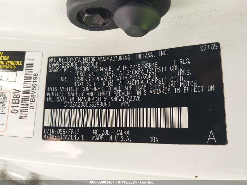 2005 Toyota Sienna Le VIN: 5TDZA23C05S288080 Lot: 39861467