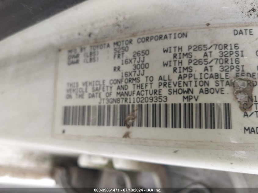 JT3GN87R110209353 2001 Toyota 4Runner Limited V6