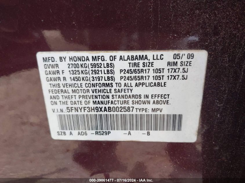 2010 Honda Pilot Touring VIN: 5FNYF3H9XAB002587 Lot: 39861477