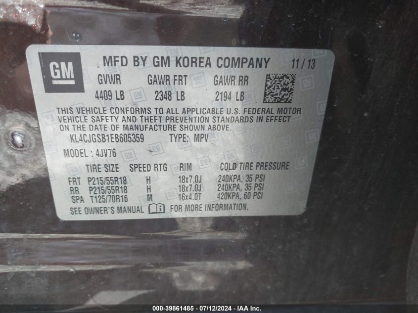 2014 Buick Encore Leather VIN: KL4CJGSB1EB605359 Lot: 39861485