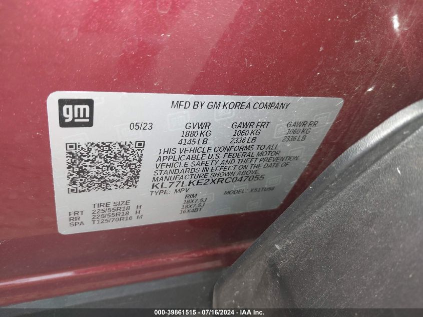 2024 Chevrolet Trax Fwd Activ VIN: KL77LKE2XRC047055 Lot: 39861515