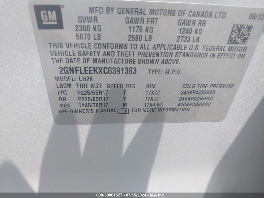 2012 Chevrolet Equinox 1Lt VIN: 2GNFLEEKXC6391363 Lot: 39861527