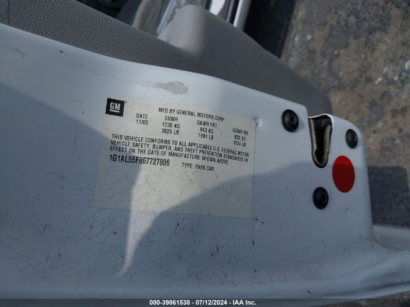 2006 Chevrolet Cobalt Lt VIN: 1G1AL55F867727806 Lot: 39861538