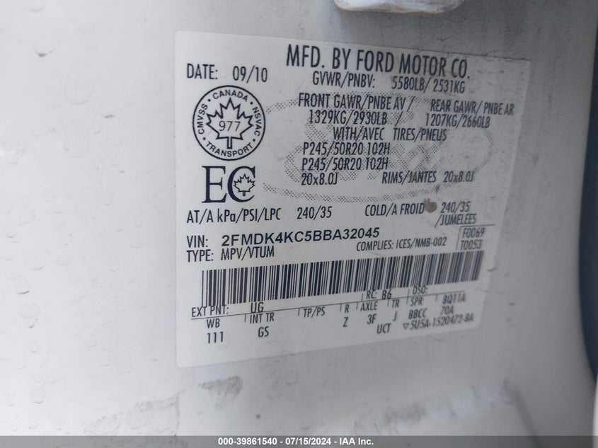 2011 Ford Edge Limited VIN: 2FMDK4KC5BBA32045 Lot: 39861540