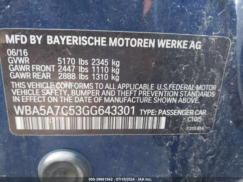 2016 BMW 528I xDrive VIN: WBA5A7C53GG643301 Lot: 39861542