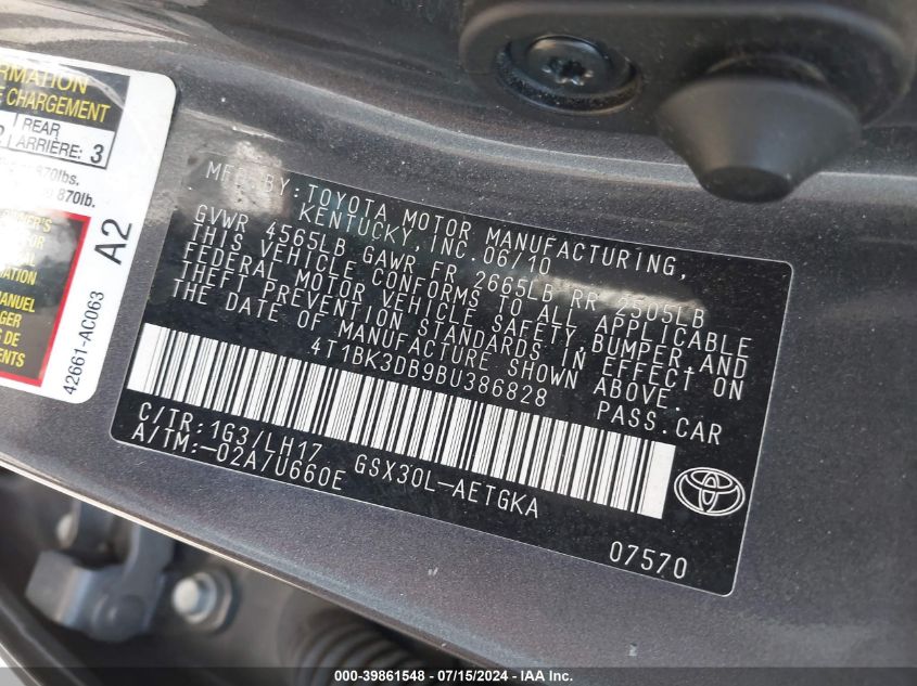 2011 Toyota Avalon VIN: 4T1BK3DB9BU386828 Lot: 39861548