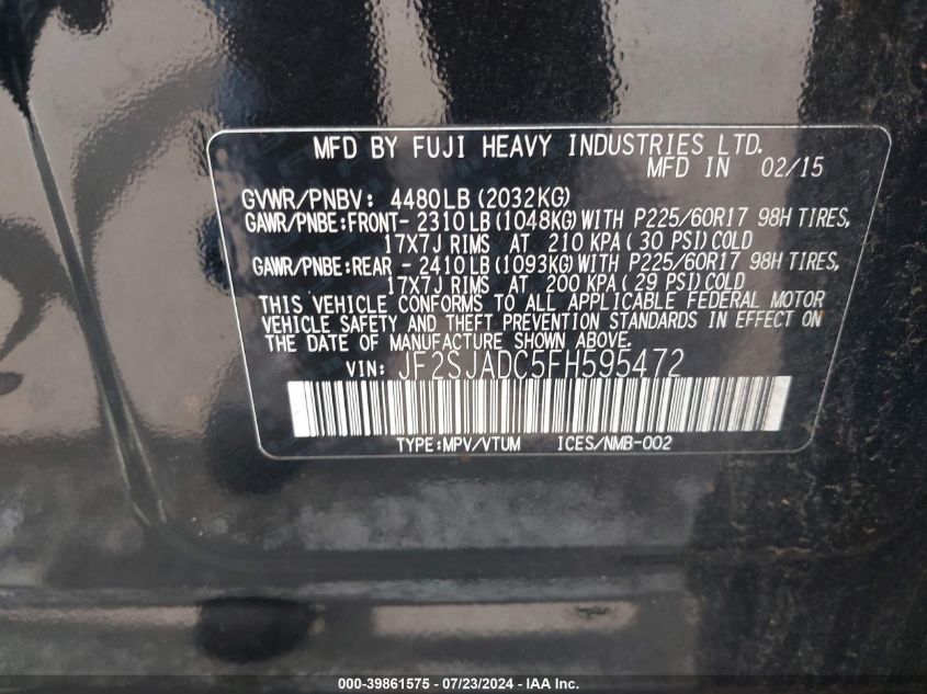 2015 Subaru Forester 2.5I Premium VIN: JF2SJADC5FH595472 Lot: 39861575