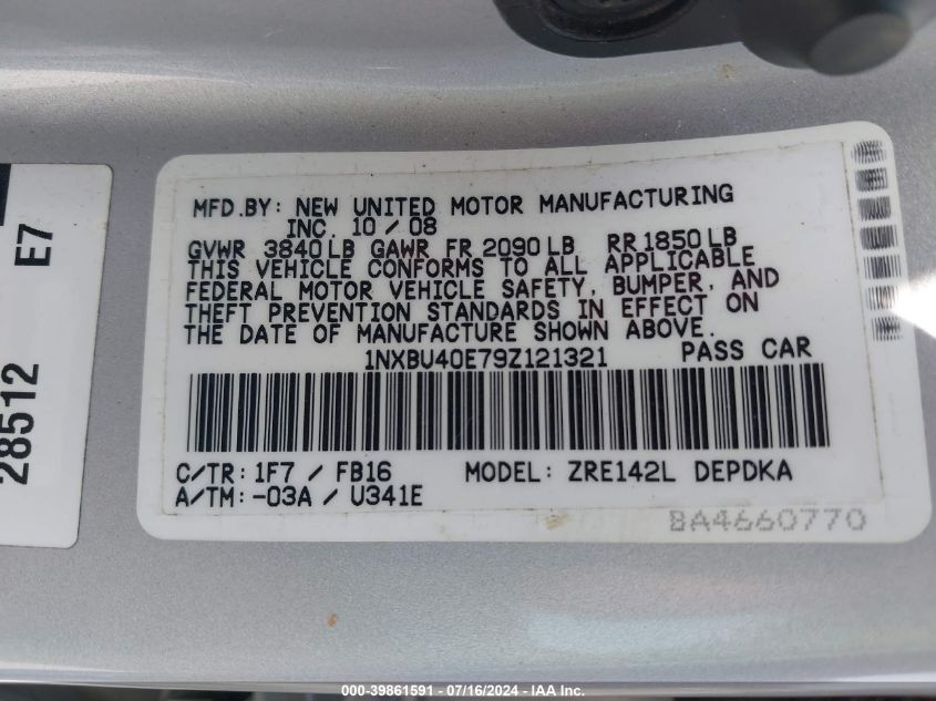 2009 Toyota Corolla Le VIN: 1NXBU40E79Z121321 Lot: 39861591