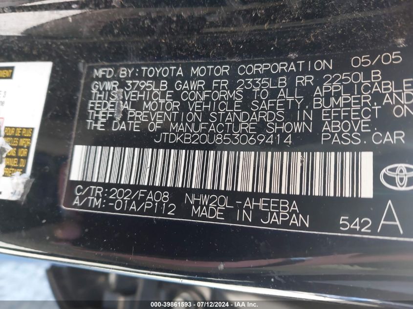 2005 Toyota Prius VIN: JTDKB20U853069414 Lot: 39861593
