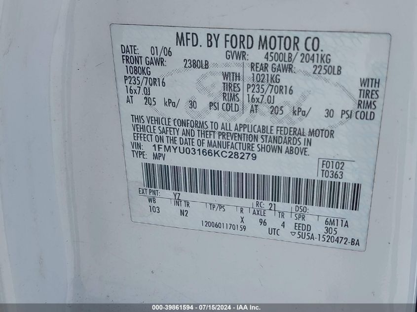 2006 Ford Escape Xlt/Xlt Sport VIN: 1FMYU03166KC28279 Lot: 39861594