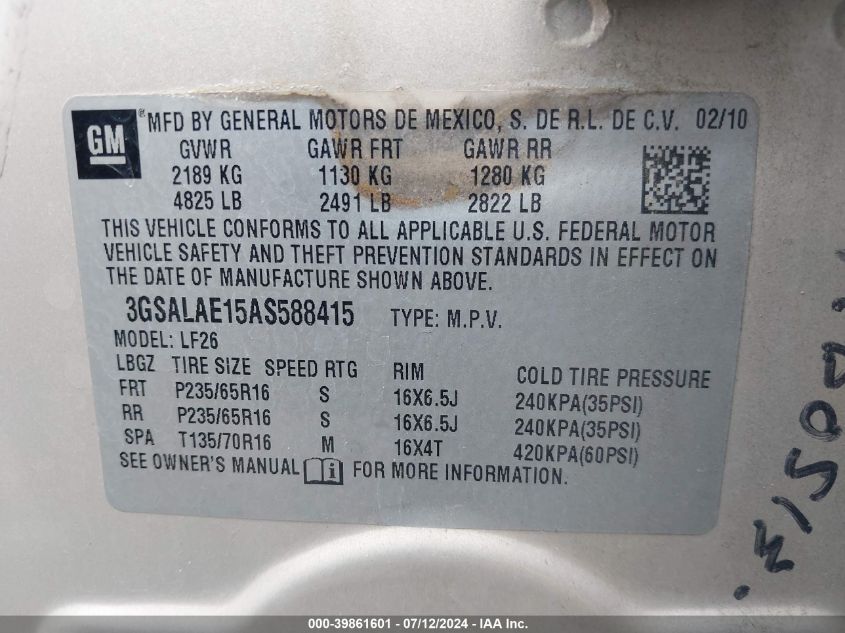 2010 Saturn Vue Xe VIN: 3GSALAE15AS588415 Lot: 39861601