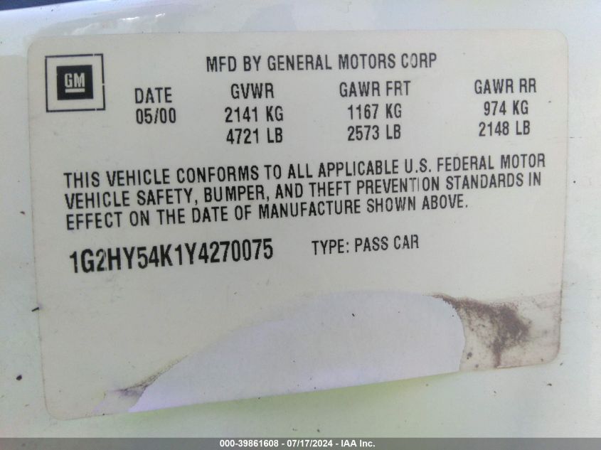 2000 Pontiac Bonneville Sle VIN: 1G2HY54K1Y4270075 Lot: 39861608